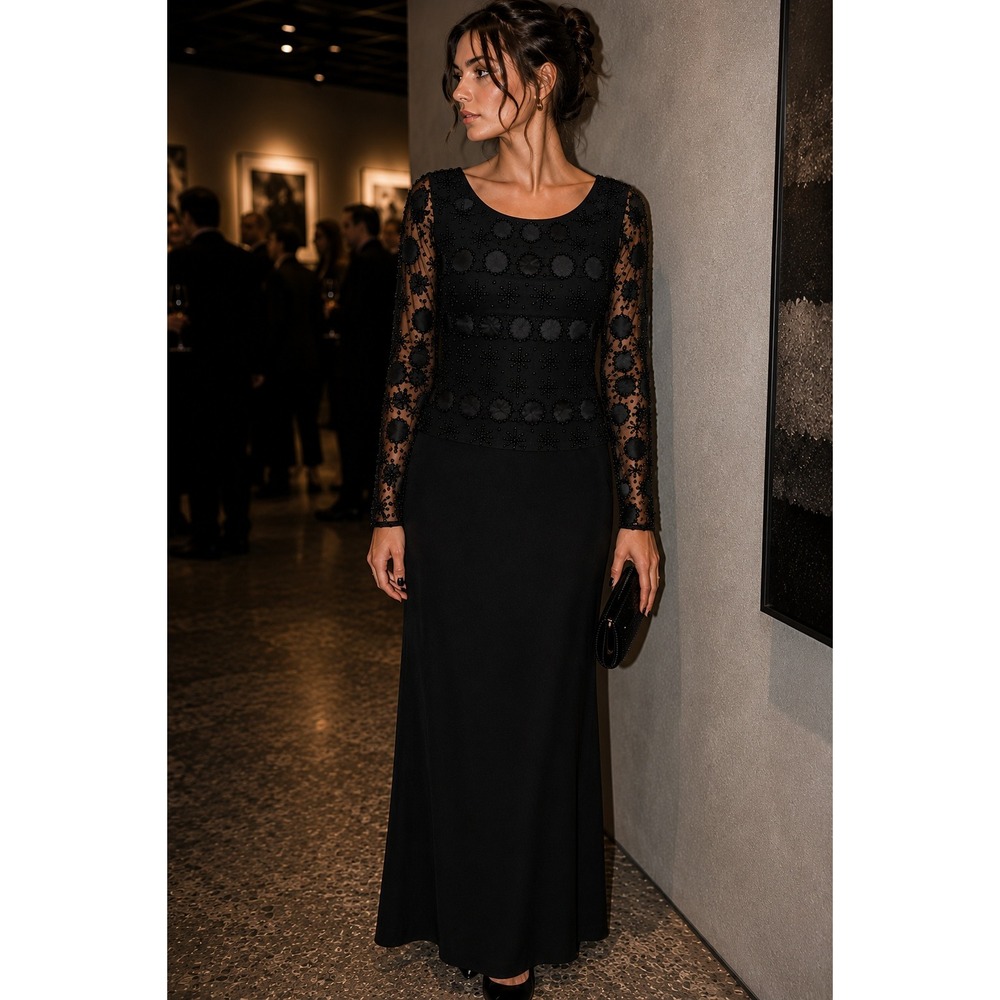Vintage 90s Daymor Couture Black Beaded Mesh Appliqué Long Sleeve Evening Gown 6